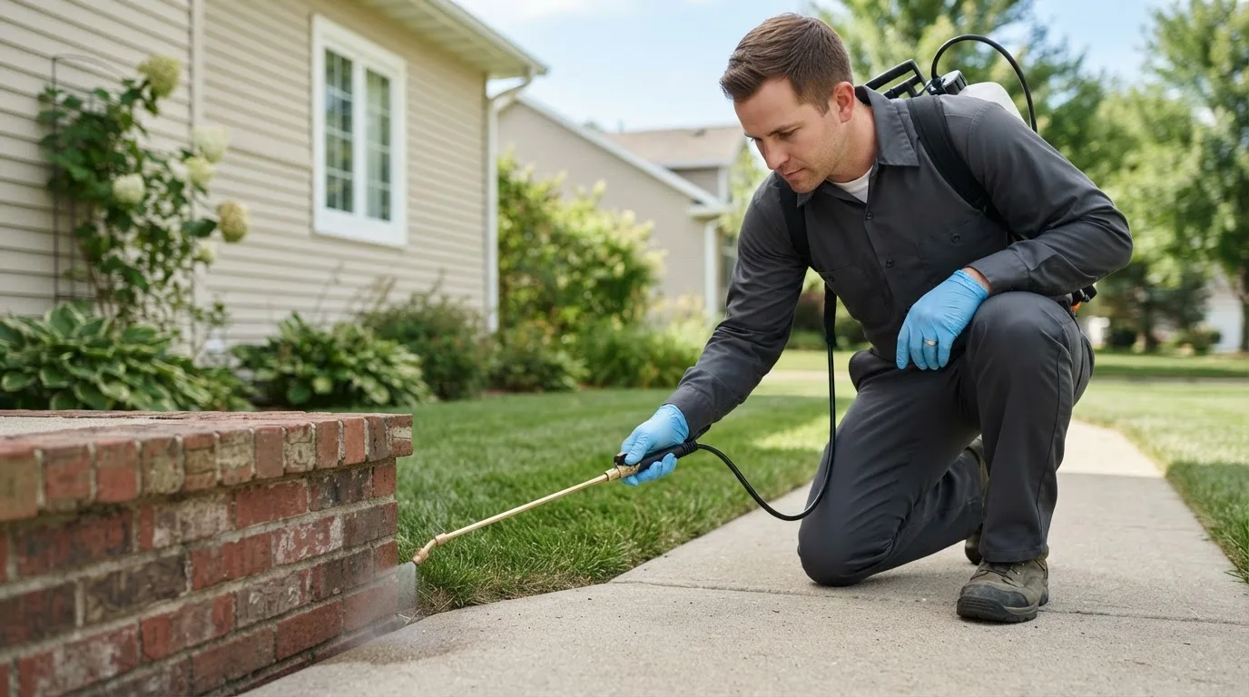Pest control technician treating a home near Channahon, IL